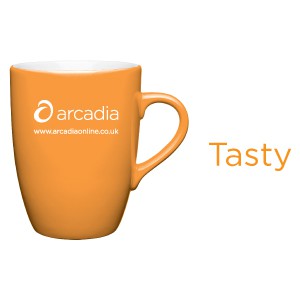 An orange mug with Arcadia logo